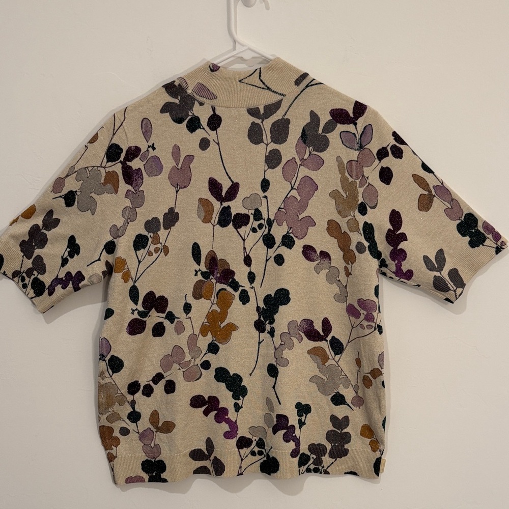 Chicos Metallic Cream Leaf Print women mock neck short sleeve sweater size L - Picture 9 of 10